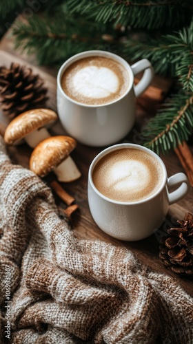 A warm setting features two cups of mushroom coffee surrounded by pine branches, cinnamon sticks, and decorative pine cones, perfect for winter relaxation