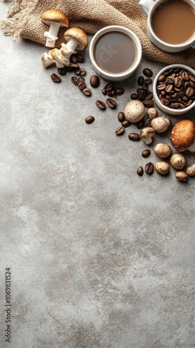 Freshly brewed mushroom coffee is prepared alongside whole coffee beans and mushrooms, showcasing the unique ingredients on a textured gray background