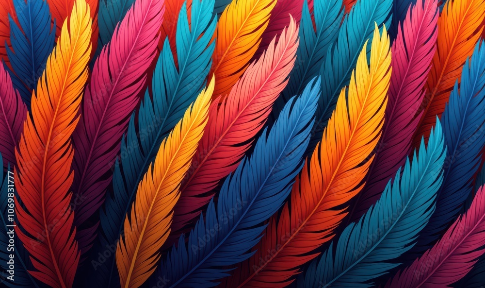 Vibrant and colorful feather patterns create an eye-catching abstract design, perfect for creative projects, backgrounds, or print materials. Vibrant and colorful feather patterns create an eye-catching abstract design, perfect for creative projects, backgrounds, or print materials.