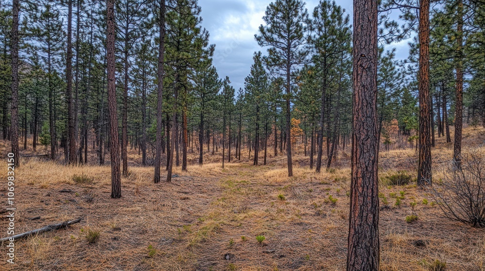 Fototapeta premium A serene forest scene with tall pine trees and a grassy path leading into the woods.