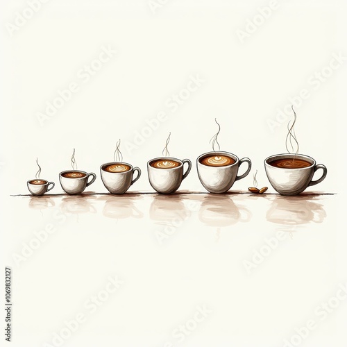 A whimsical illustration of coffee cups in various sizes, emanating steam. Perfect for coffee shop branding, menus, or promotional materials.