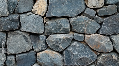 Close-Up of Textured Stone Wall with Natural Rough Rock Pattern in Earthy Gray and Blue Tones