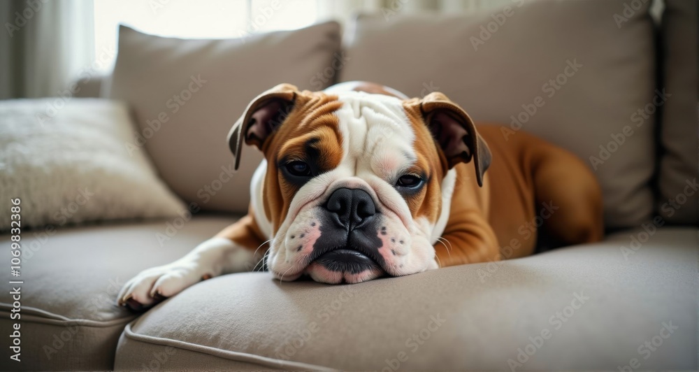 Relaxed bulldog lounging on a sofa Relaxed bulldog lounging on a sofa
