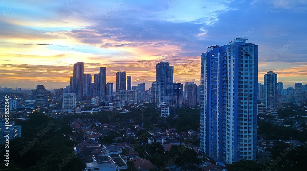 Fototapeta premium A city skyline at sunset, showcasing modern buildings against a colorful sky.