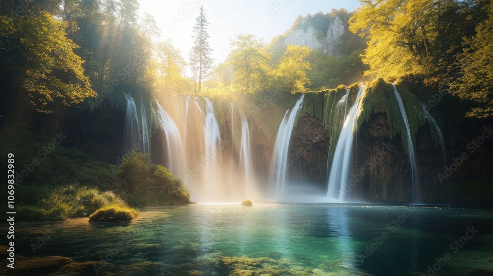 Obraz premium A serene waterfall cascading into a tranquil pool, surrounded by vibrant foliage and sunlight.