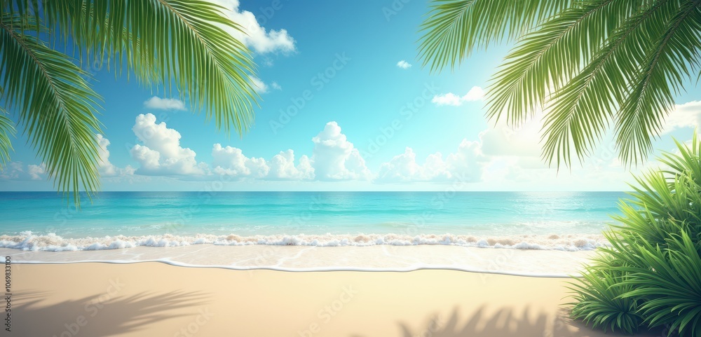 A serene tropical beach scene featuring soft waves, palm trees, and a clear blue sky, perfect for travel, relaxation, and vacation-themed projects. A serene tropical beach scene featuring soft waves, palm trees, and a clear blue sky, perfect for travel, relaxation, and vacation-themed projects.
