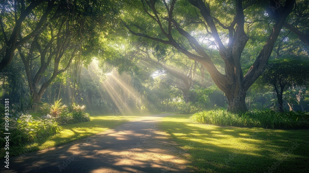 Obraz premium A serene forest path illuminated by sunlight filtering through lush trees.
