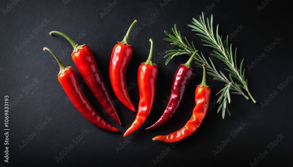 Hot chili peppers with rosemary on black background. Concept of spicy food Hot chili peppers with rosemary on black background. Concept of spicy food