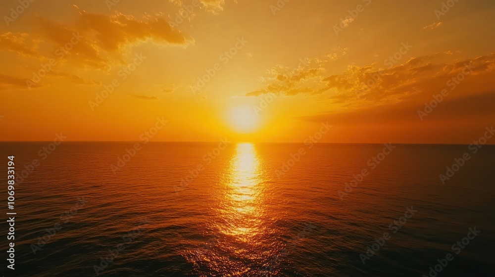 Obraz premium A serene sunset over the ocean, reflecting warm hues on the water's surface.
