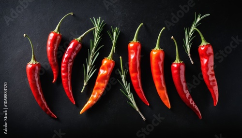 Hot chili peppers with rosemary on black background. Concept of spicy food