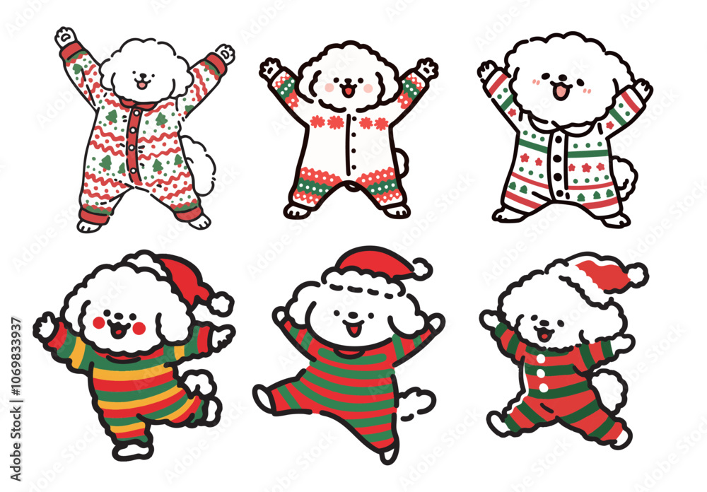 Cute Christmas Dog Illustration Set in Festive Pajamas for Holiday Character Design Cute Christmas Dog Illustration Set in Festive Pajamas for Holiday Character Design
