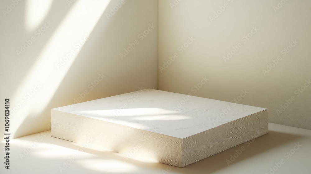 Minimalist wooden platform with a white base on a cream background, illuminated by soft angled light casting a shadow Minimalist wooden platform with a white base on a cream background, illuminated by soft angled light casting a shadow
