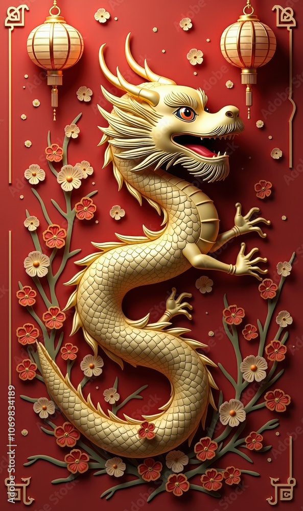 Obraz premium A vibrant and intricate illustration of a golden dragon against a red background, adorned with lanterns and flowers, symbolizing prosperity and good fortune.