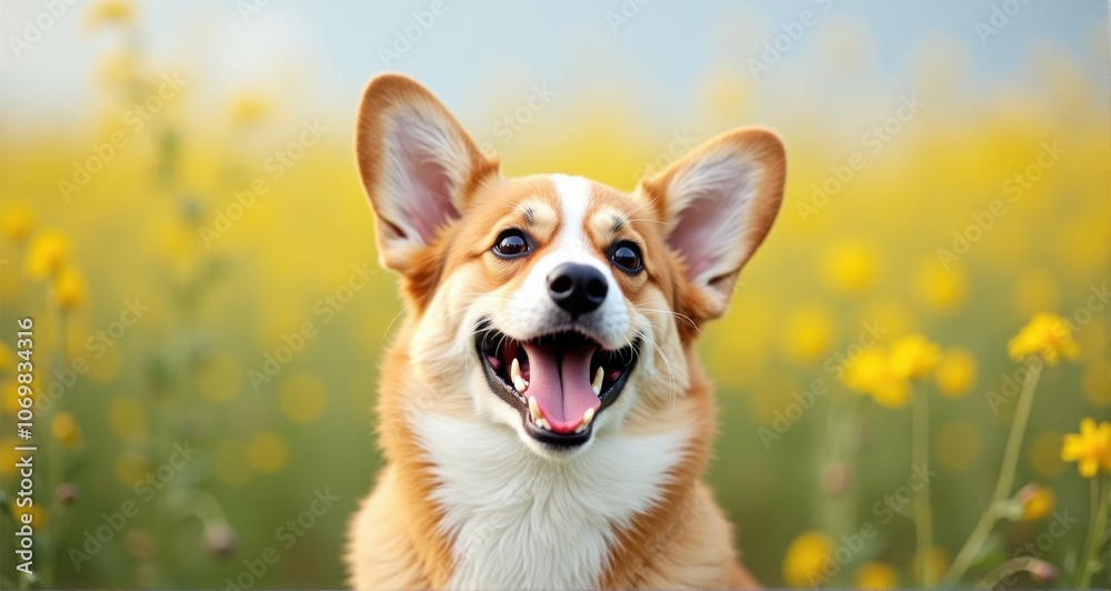 Happy corgi in a field of flowers