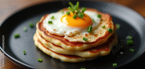 Delicious stack of pancakes topped with a sunny-side-up egg and chives, perfect for breakfast and food-related content.