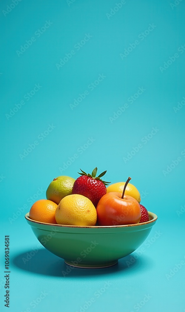 A vibrant bowl of fresh fruits against a turquoise background, perfect for health, nutrition, and culinary themes in marketing and design. A vibrant bowl of fresh fruits against a turquoise background, perfect for health, nutrition, and culinary themes in marketing and design.