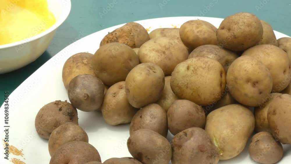 Small yellow Peruvian boiled potatoes. Several hands take their turns in grabbing a potato from the plate. Small yellow Peruvian boiled potatoes. Several hands take their turns in grabbing a potato from the plate.
