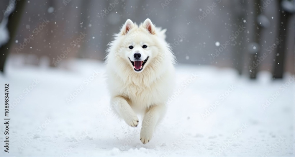 Playful Samoyed running in the snow Playful Samoyed running in the snow