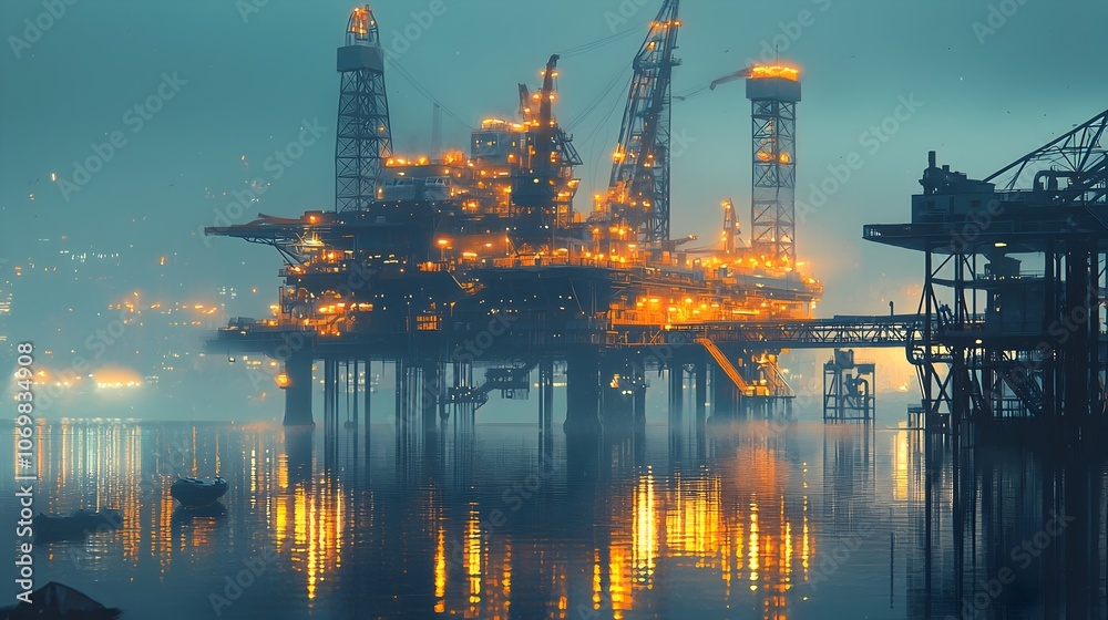 Serene offshore oil platform at sunrise with warm light reflecting beautifully on the calm waters highlighting the rig s modern design and advanced technology Serene offshore oil platform at sunrise with warm light reflecting beautifully on the calm waters highlighting the rig s modern design and advanced technology