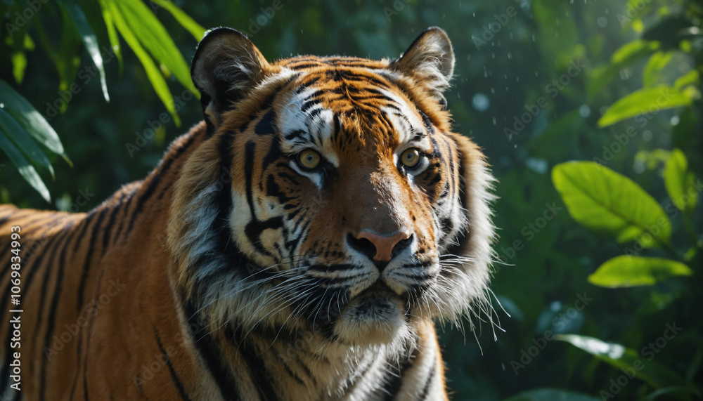 Fototapeta premium Prompt: A majestic tiger with piercing eyes, standing in a lush, green jungle. Raindrops glisten on its fur, adding to the atmosphere of the image.