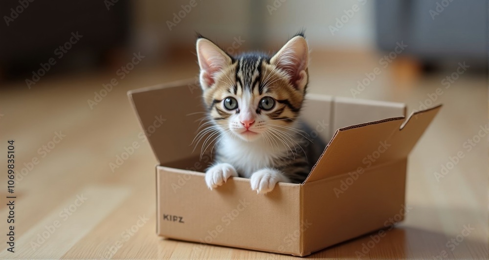 Playful tabby kitten in a box