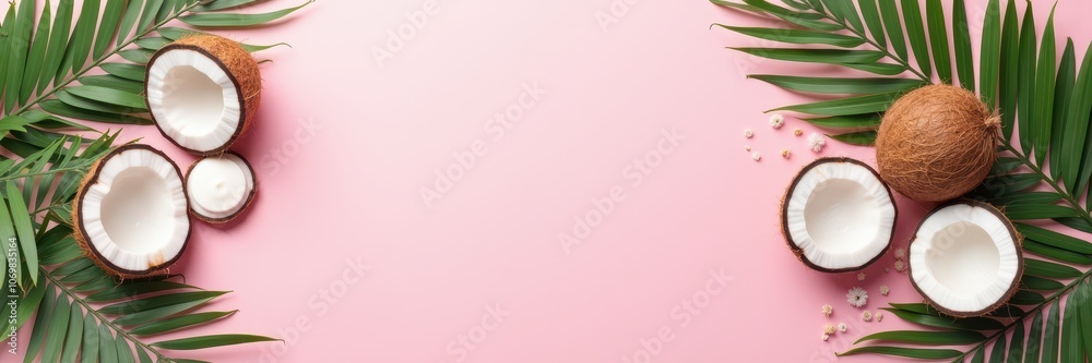 Fresh coconuts and tropical leaves on a pink background, perfect for summer-themed promotions, food products, or wellness branding. Fresh coconuts and tropical leaves on a pink background, perfect for summer-themed promotions, food products, or wellness branding.