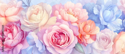 Pastel Paradise: A breathtaking bouquet of pastel roses and peonies, captured in a soft, dreamy watercolor style. Perfect for adding a touch of elegance and serenity to your designs.