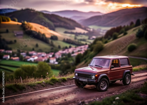 Captivating Tilt-Shift Photography of Lada Nivas in a Scenic Landscape Setting, Showcasing Unique Design and Versatility for Adventurous Journeys and Outdoor Exploration photo