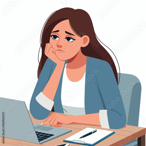 Bored woman sitting at desk. Tired sad office worker. Procrastination, burnout and boredom concept. Depressed upset exhausted lazy student. Flat vector illustration isolated on white background