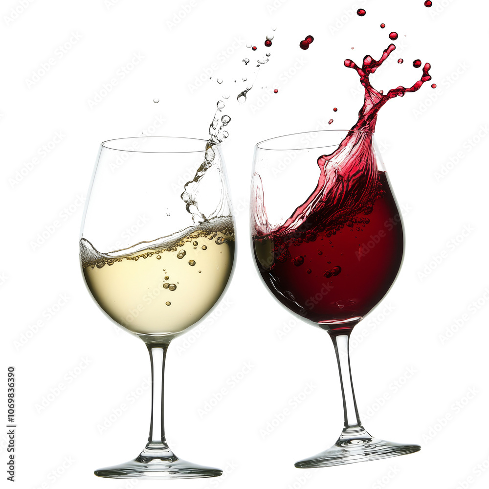 Red and white wine splashing in two glasses. Wineglasses clinking together with splashes isolated ion white background