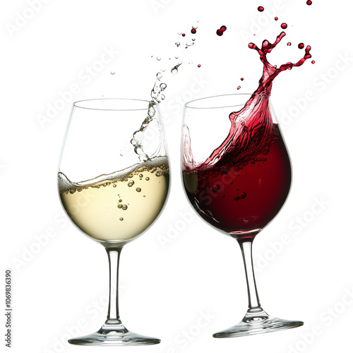 Obraz na płótnie Red and white wine splashing in two glasses. Wineglasses clinking together with splashes isolated ion white background w salonie