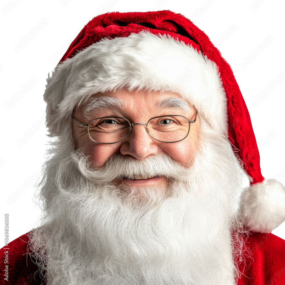 Naklejka premium Santa Claus isolated on white background. Close-up portrait of man wearing Santa Clause costume including white beard and red hat