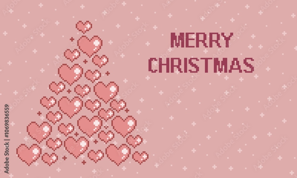 Naklejka premium Christmas card design in Pixel Art, with artistic love pattern christmas tree, pink background and merry christmas greetings and copy space. can be used for wallpaper, template card and background.