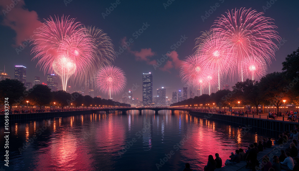 Photorealistic, a cityscape at night with fireworks lighting up the sky, reflecting off a river, and people watching the display from a bridge Photorealistic, a cityscape at night with fireworks lighting up the sky, reflecting off a river, and people watching the display from a bridge