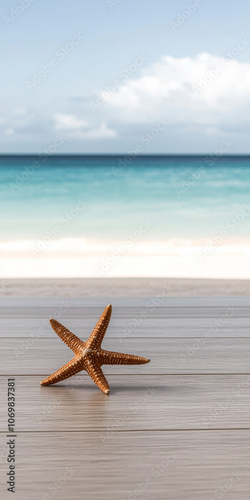 Starfish on a wooden surface with a tranquil beach backdrop and blue sky Starfish on a wooden surface with a tranquil beach backdrop and blue sky