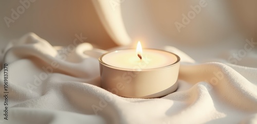 A serene candleburning softly on a draped fabric background, perfect for evoking tranquility and warmth in wellness, home decor, and personal care themes. photo