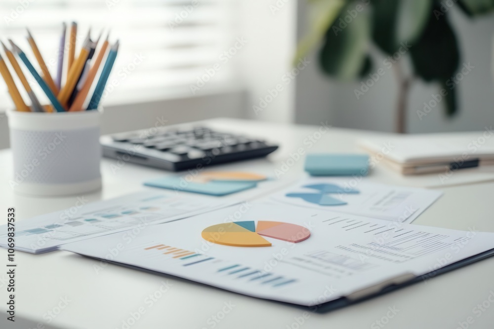 Budget analysis documents with pie charts spread on a white desk, bright lighting, corporate finance setting Budget analysis documents with pie charts spread on a white desk, bright lighting, corporate finance setting