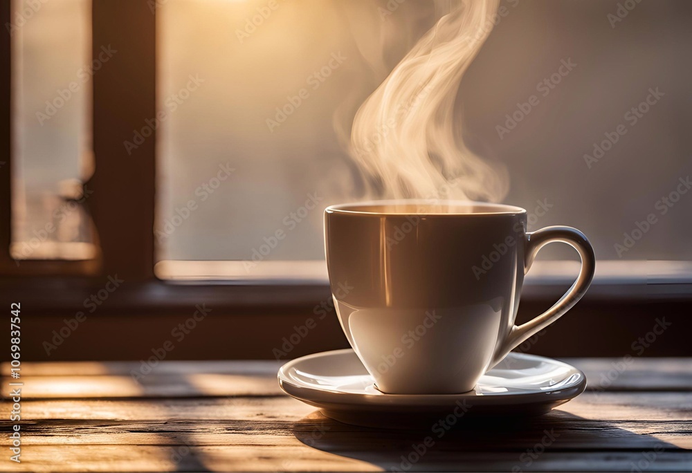 A hot cup of coffee on a table in the morning A hot cup of coffee on a table in the morning