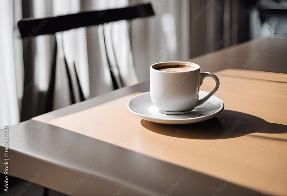 Steaming cup of coffee on a table in a cozy cafe setting with a spoon and saucer