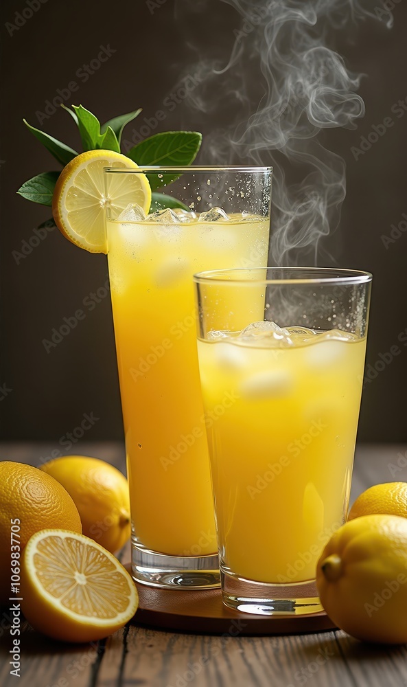 Fototapeta premium Refreshing lemonade served in tall glasses with ice, garnished with lemon slices and mint. Perfect for summer beverages, restaurants, or wellness promotions.