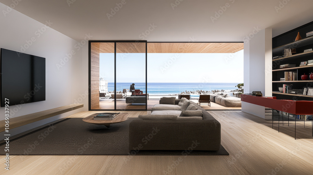 Modern living room with ocean view and contemporary design featuring natural light Modern living room with ocean view and contemporary design featuring natural light