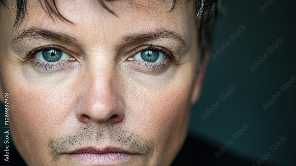Close-up of a person with striking blue eyes and short hair, gazing intently, AI Close-up of a person with striking blue eyes and short hair, gazing intently, AI