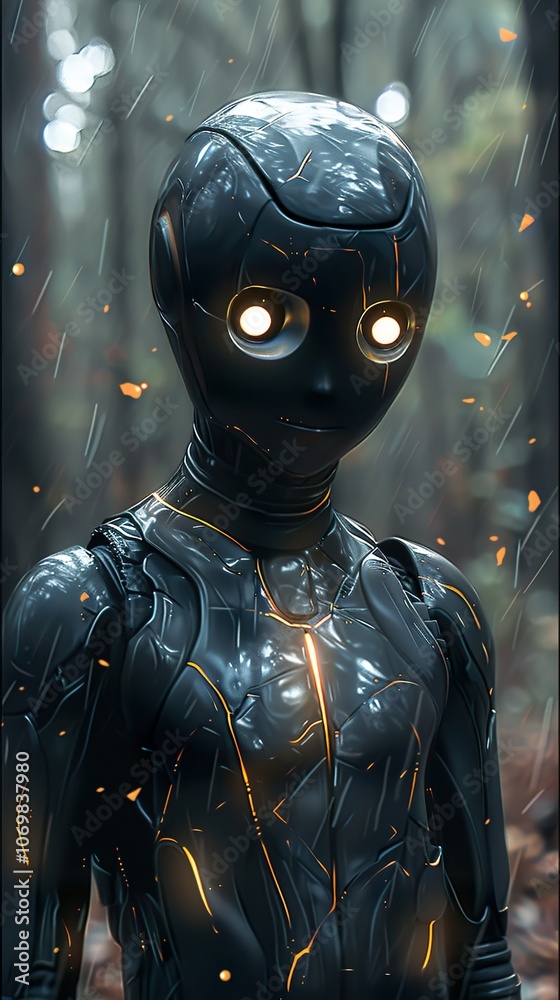Fototapeta premium Futuristic Robot in Rain: Cyberpunk Art with Glowing Eyes