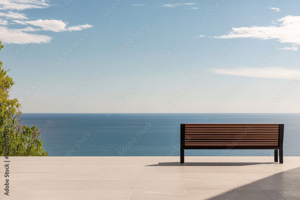 A peaceful view of the ocean from a modern terrace with a wooden bench on a sunny day