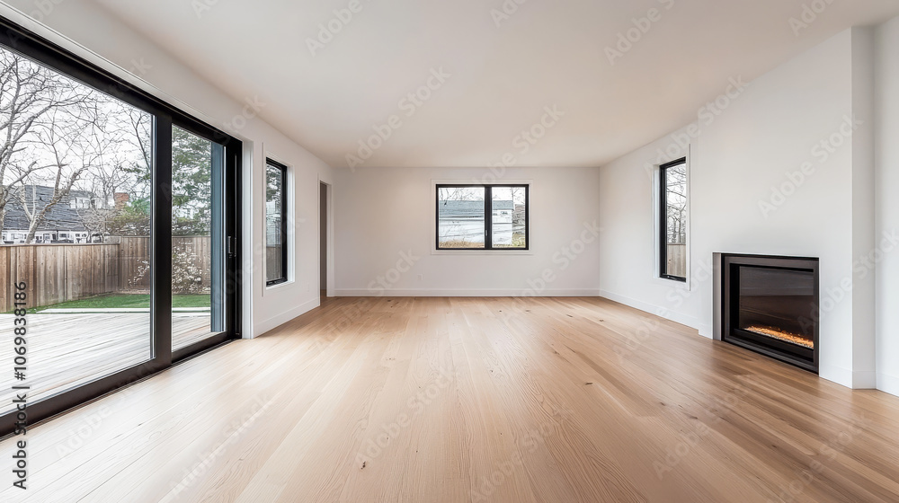 Fototapeta premium Spacious modern living room with large windows and hardwood floors in a contemporary home