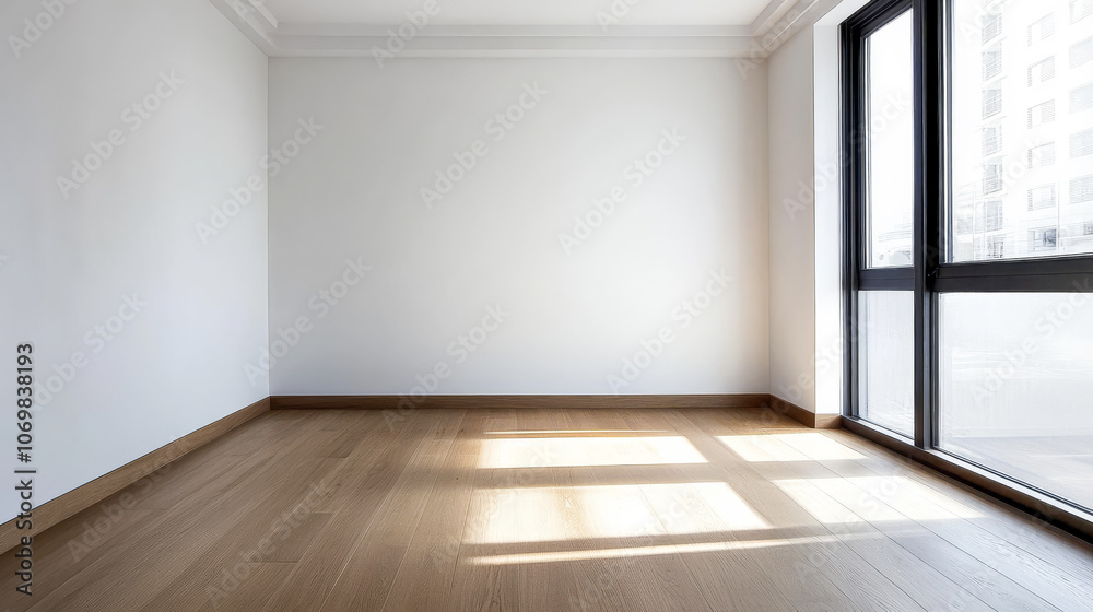 Bright and empty room showcasing sunlight on wooden floor during daytime in modern building