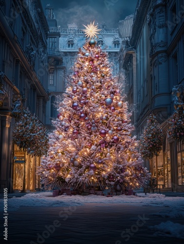 commercial photography, a big christmas tree in a city square, a lot of decoration and christmas light, night,