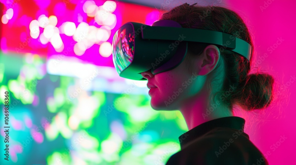 Pioneering Women in Tech: Female Scientist Using Virtual Reality in Colorful Lab Setting Pioneering Women in Tech: Female Scientist Using Virtual Reality in Colorful Lab Setting
