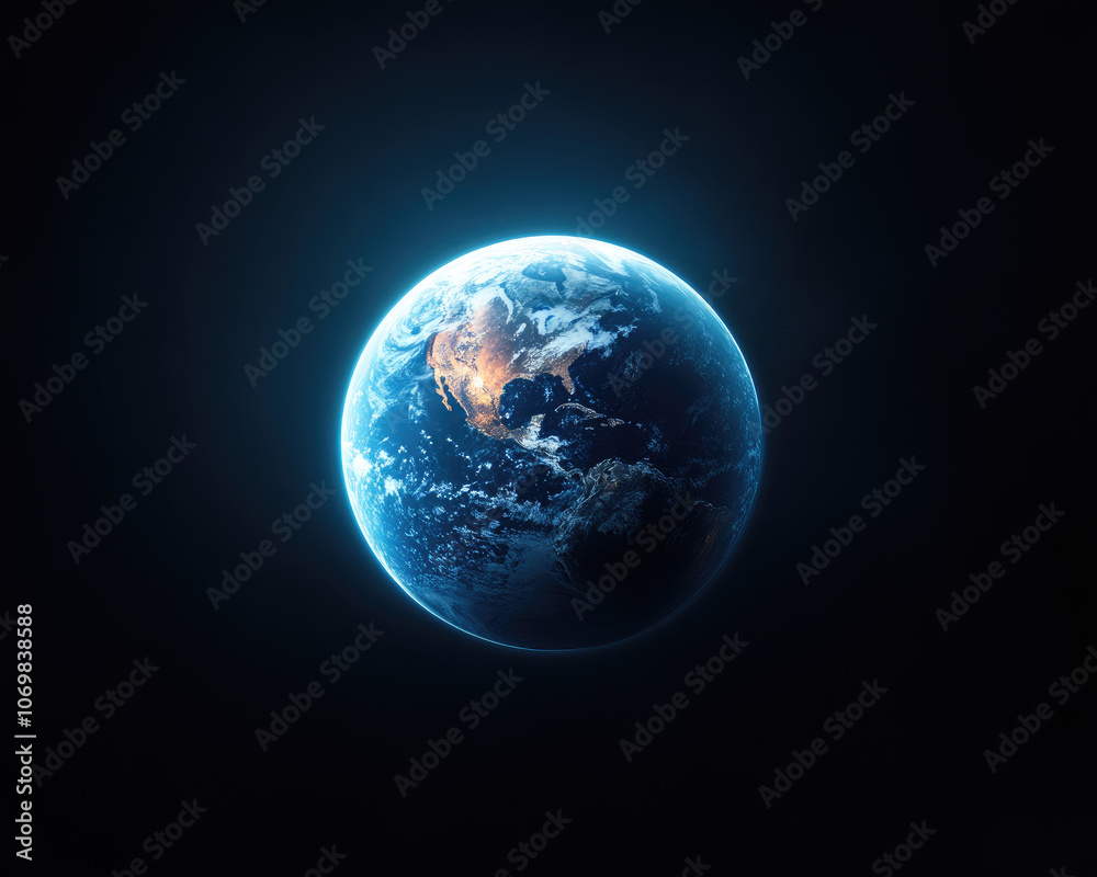 Earth in space, glowing blue and green, black background Earth in space, glowing blue and green, black background