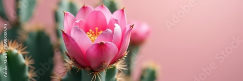 A vibrant pink cactus flower blooms against a soft pink background, perfect for nature-inspired designs, wellness themes, and botanical art projects.